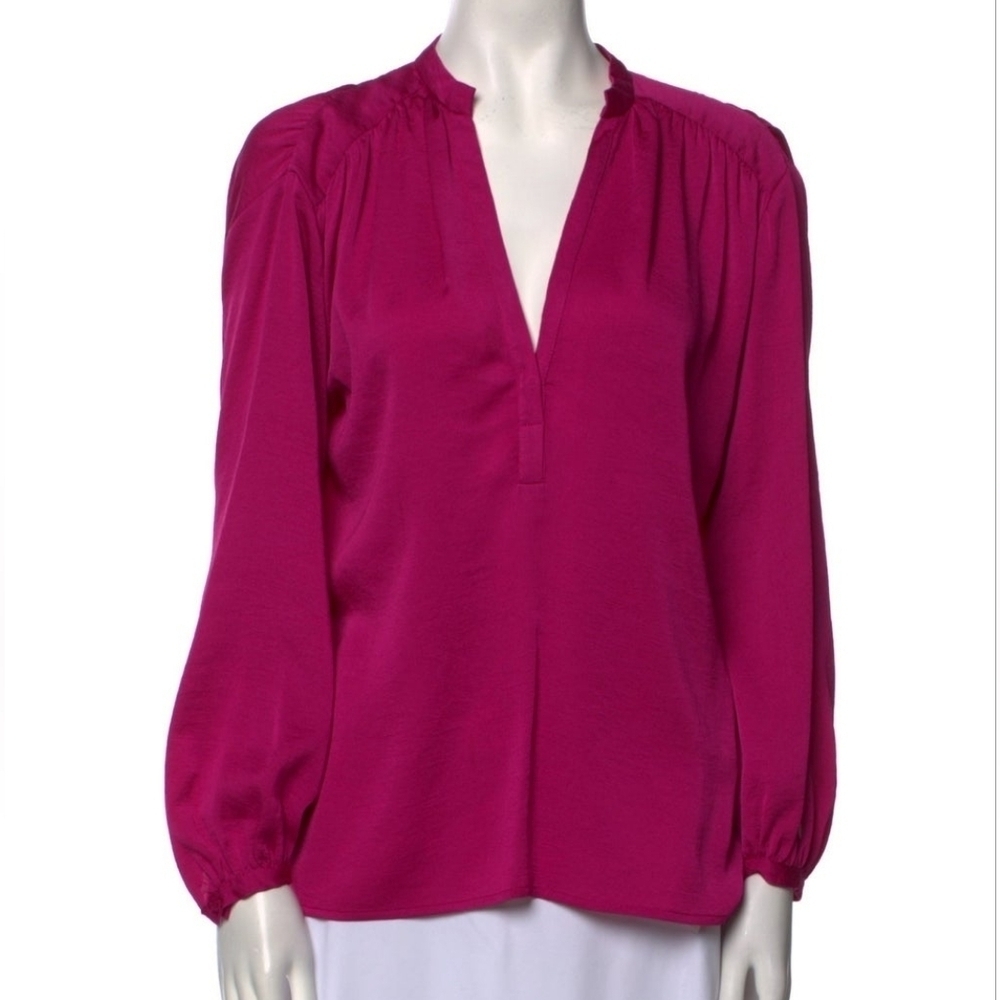 Maje Magenta Satin Plunge Neck Pleated Blouse Top Small 1 Paris Chic